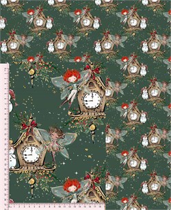 Сатин ФЕИ И ЧАСИКИ. Зеленый фон 3225